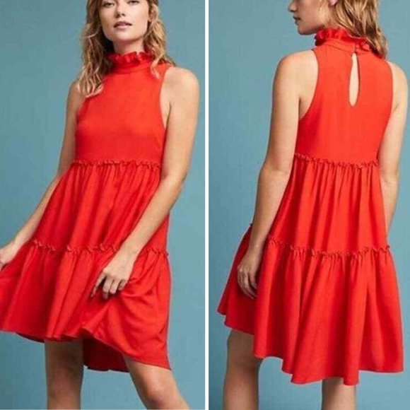 Elliatt Dresses & Skirts - Anthropologie Elliatt Sonnet Red Ruffled Trapeze Ruffle Swing Dress Mock Neck, S